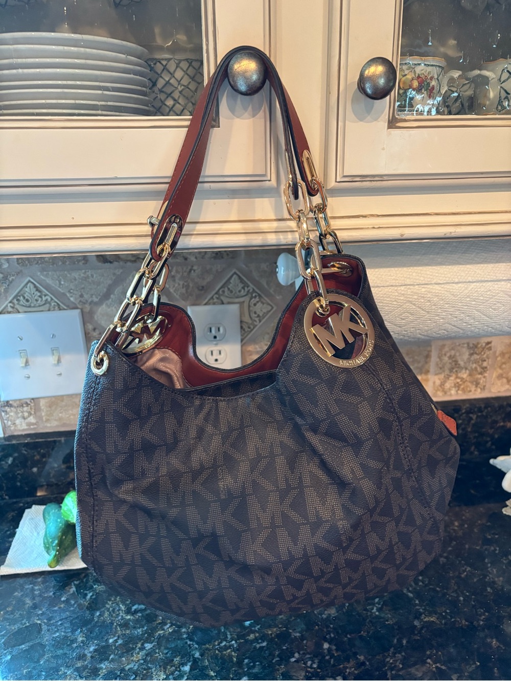 Michael Kors Brown MK Monogram Hobo Shoulder Bag with Gold Hardware